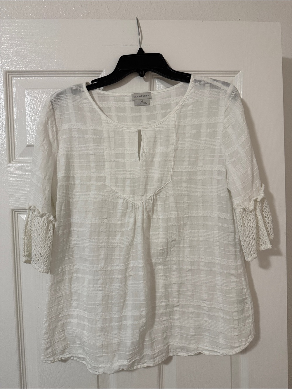 Van Heusen White Textured Crochet Sleeve Blouse